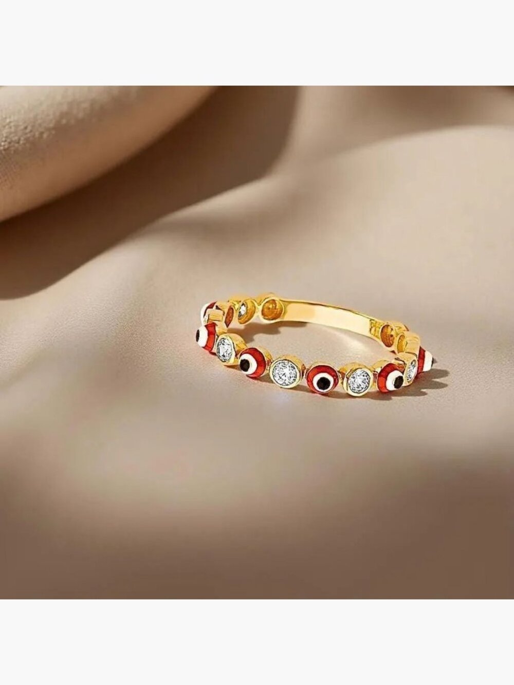 14K Gold Red Enamel Evil Eye Ring | White CZ Evil Eye Ring Gift